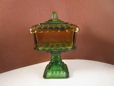 Vintage Jeanette Glass Wedding Cake Box Footed Candy Dish Green Amber