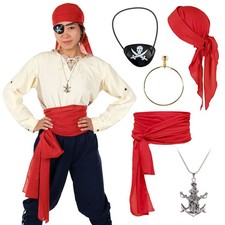 Piraten Kostüm Set mit Kopftuch, Schärpe, Augenklappe & Kette | versch. Farben