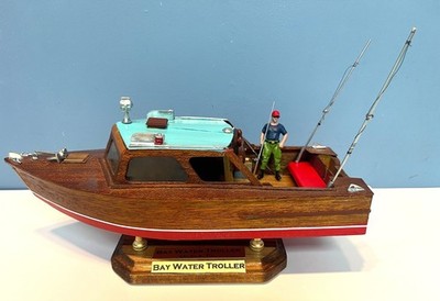 Wooden Model Sports Fishing Boat Planked Mahogany Custom Built 14'' w Figure