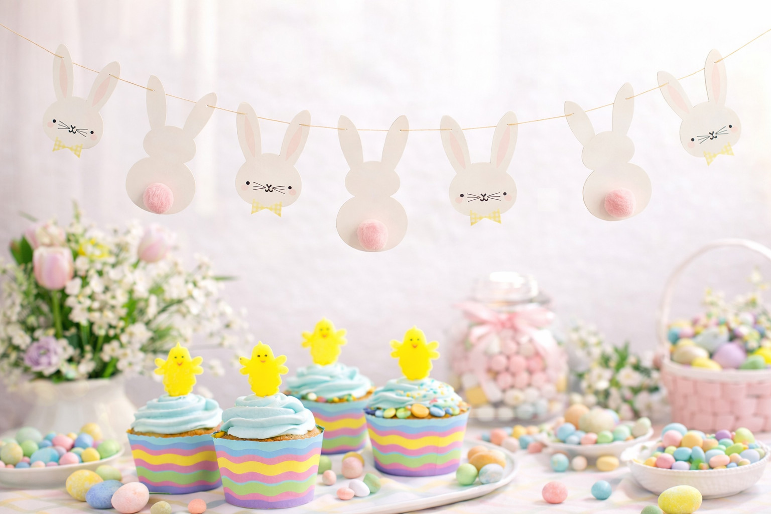 Easter Bunny Banner Bunting Garland Party Decoration Pom Pom Detail Egg Hunt