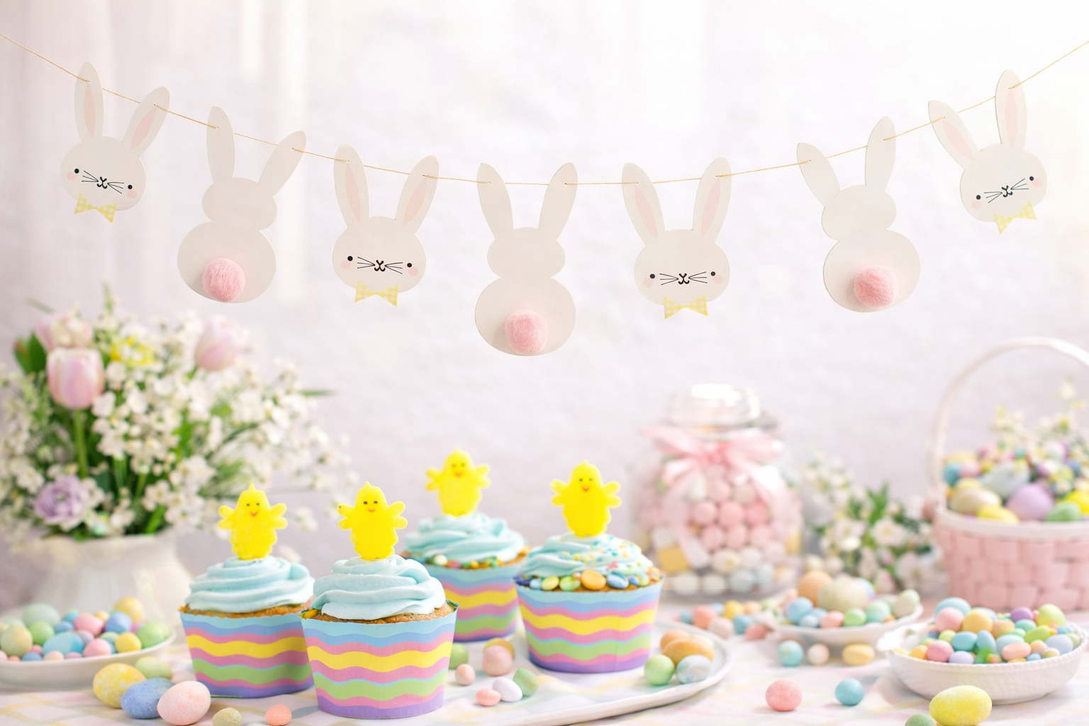 Easter Bunny Banner Bunting Garland Party Decoration Pom Pom Detail Egg Hunt