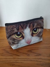 Bolsa de maquillaje facial de gato Catseye London bolsa cosmética con cremallera estampado de gato atigrado ¡USADA EN EXCELENTE ESTADO!