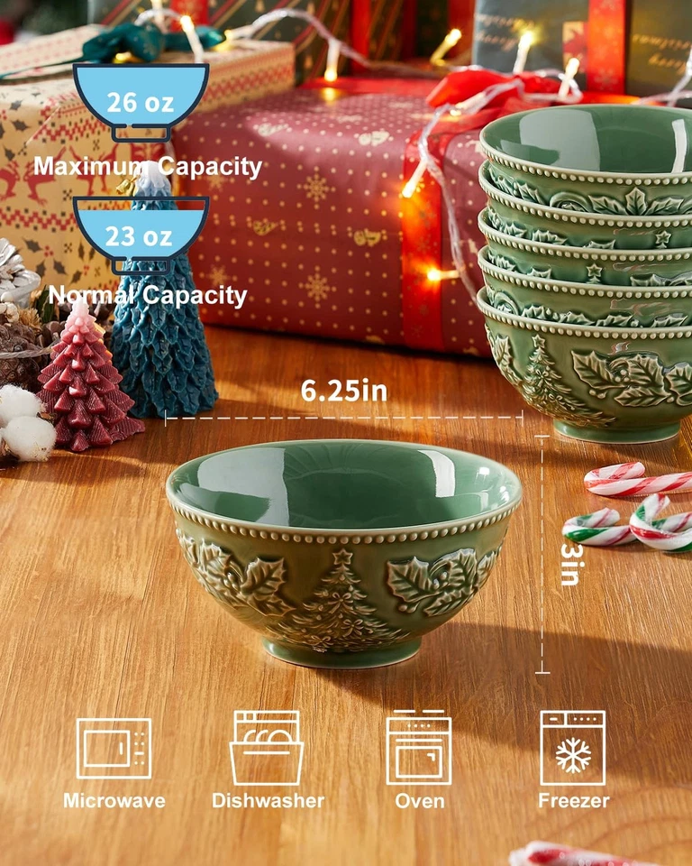 Cuencos de cerámica para árbol de Navidad, cuencos de cereales de 26 OZ para cocina, verde en relieve... Foto 2 de 4
