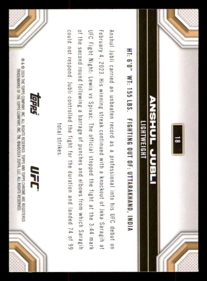 2024 Topps Chrome UFC #18 Anshul Jubli RC - Image 2 of 2