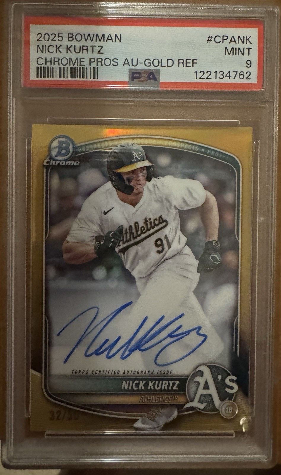 2025 Bowman - Chrome Prospect Autographs Nick Kurtz #CPA-NK Gold Refractor /50