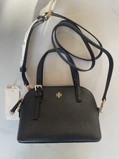 NWT Tory Burch Emerson Dome Satchel Crossbody HandBag Black Saffiano Leather