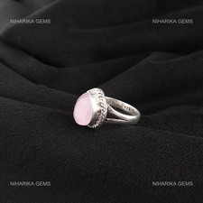 925 Silver Natural Rose Chalcedony Statement Mother Boho Solitaire Ring Jewelry