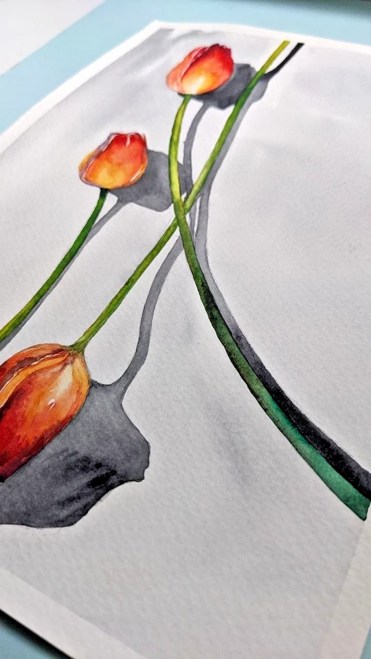 Pintura Acuarela Tulipanes Rojos A4 Flores Sombra Moderno Floral Arte Minimalista Foto 3 de 4