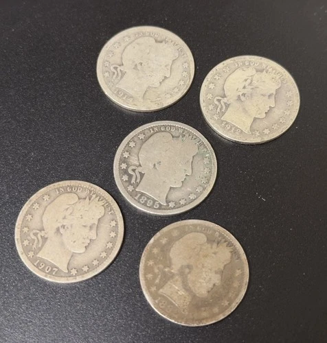 Lot of (5) 90% Silver  Barber Quarters - 1895 - 1898 - 1907 - 1912 - 1914