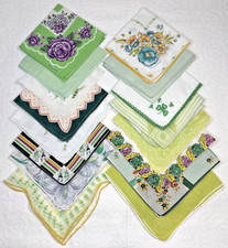 VTG Ladies Hankies Lot of 16 with GREEN  Scalloped, Rolled  Crocheted Edges