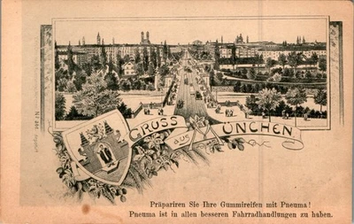 LITHO GRUSS AUS MÜNCHEN WERBUNG FAHRRAD MITTEL PNEUMA UM 1900 BAYERN - Bild 1 von 2