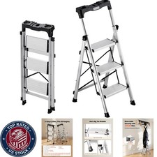 Elegant 3-Step Folding Step Ladder - 330lbs Capacity, Anti-Slip Pedals in Silver