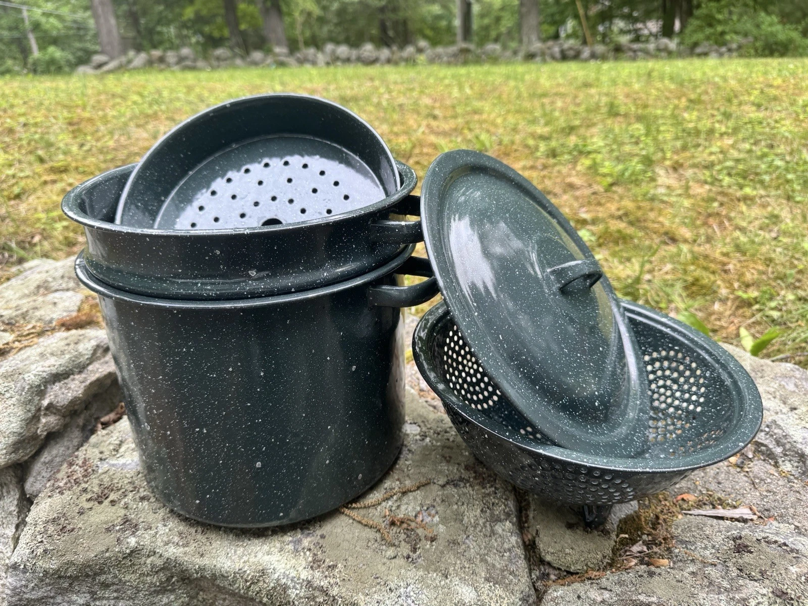 Vintage Enamelware 5 Piece Steamer Rare Green Speckled Graniteware With Colander