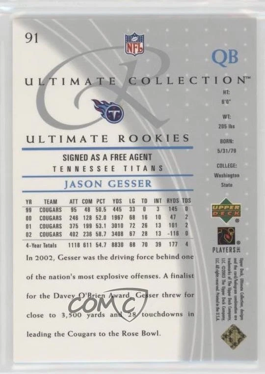 2003 Upper Deck Ultimate Collection Rookies /750 Jason Gesser #91 Rookie RC - Image 2 of 2