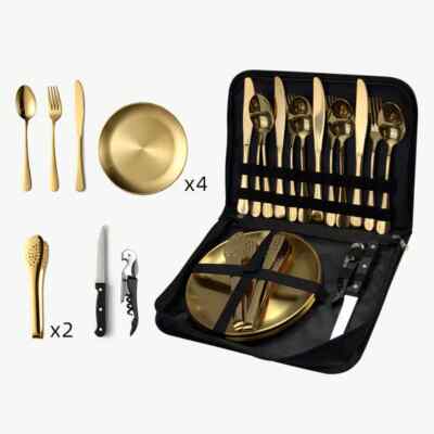 20 teiliges Besteck & Teller Set Edelstahl Geschirr 4 Personen Sets mit TASCHE