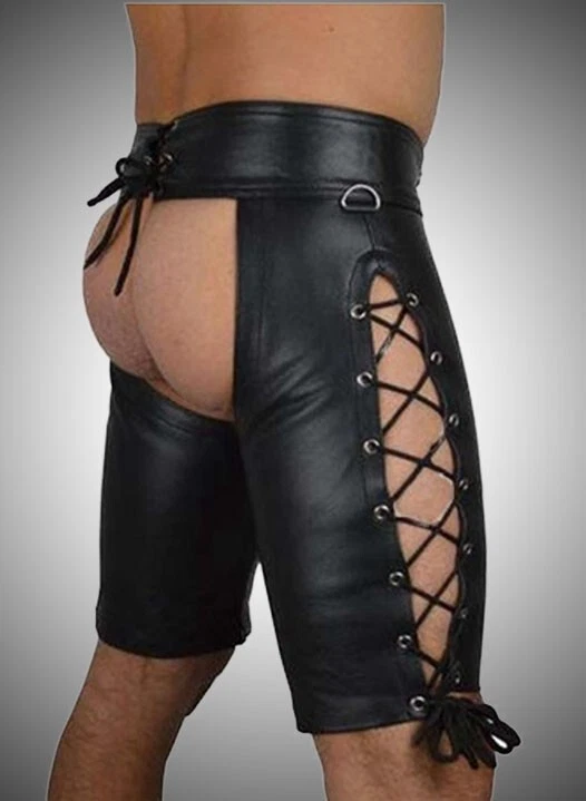 Pantalones Cortos de Cuero para Hombre Chaps con Encaje Lateral Cuero de Vaca Negro Chaps Club Wear Foto 2 de 4