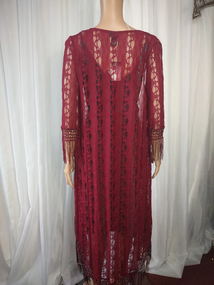 Rue 21 burgundy lace long jacket with fringe size S/M - Image 2 of 4