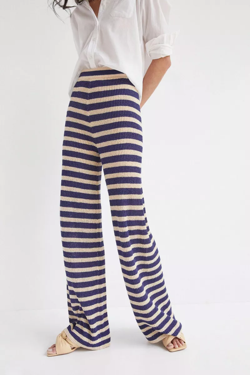 ZARA Openwork High Waist Striped Knit Pants Ecru  Knit pants Striped knit  Striped