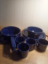 ENAMELWARE BLUE WHITE SPECKLED METAL CAMPING DISHES cookware Set Of 14