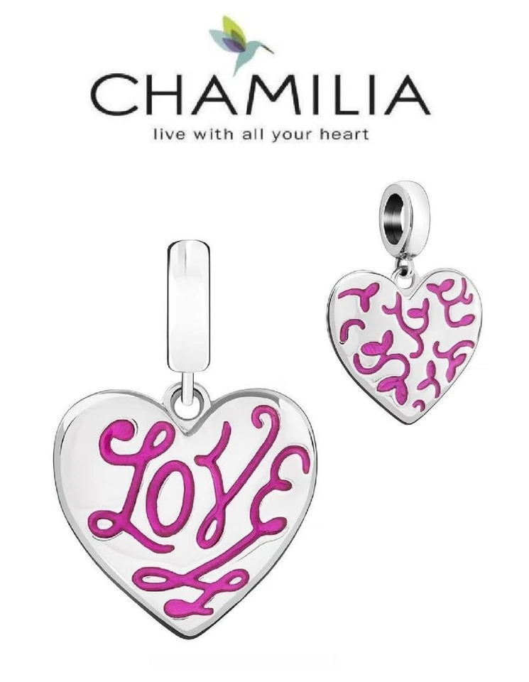 💖Chamilia ФУКСИЯ ЭМАЛЬ ЦВЕТОЧНАЯ ГРАВИРОВКА ЛЮБОВЬ СЕРДЦЕ подвеской бусина 2020-0999 $40 - Изображение 3 из 4