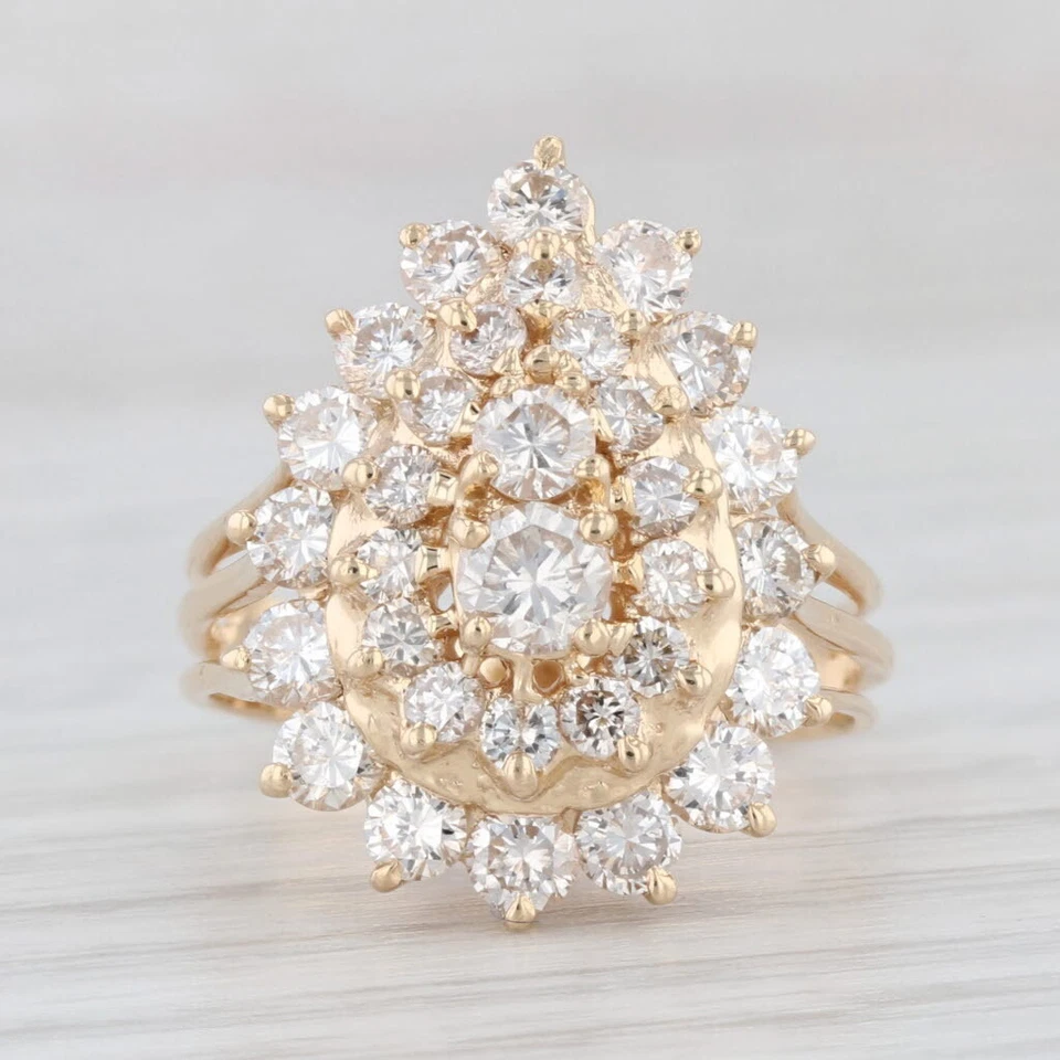 Anillo lágrima racimo de diamantes de 1,75 quilates de oro amarillo de 14 k talla 5,5 cóctel Foto 2 de 4