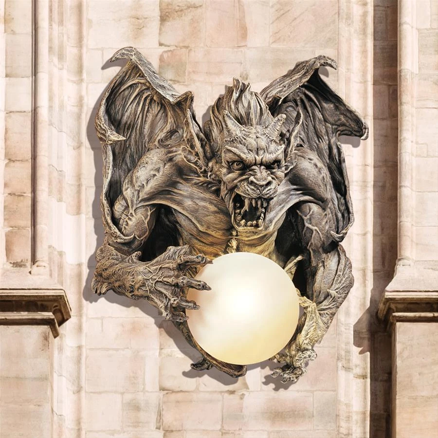 Sculpted Demon Gargoyle Holding Glass Orb Dramatic Decor Hanging Wall Sconce
