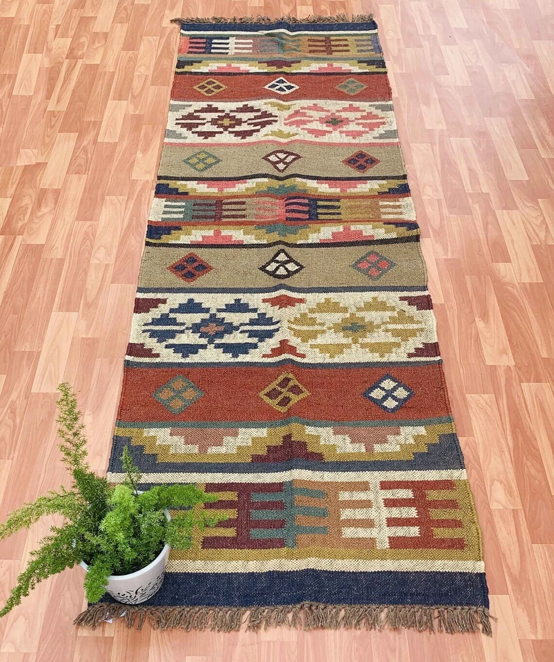 Runner Wool Jute Rug Hand Block Print Handmade Carpet Rug Bedside Home Decor Mat - Image 2 of 4