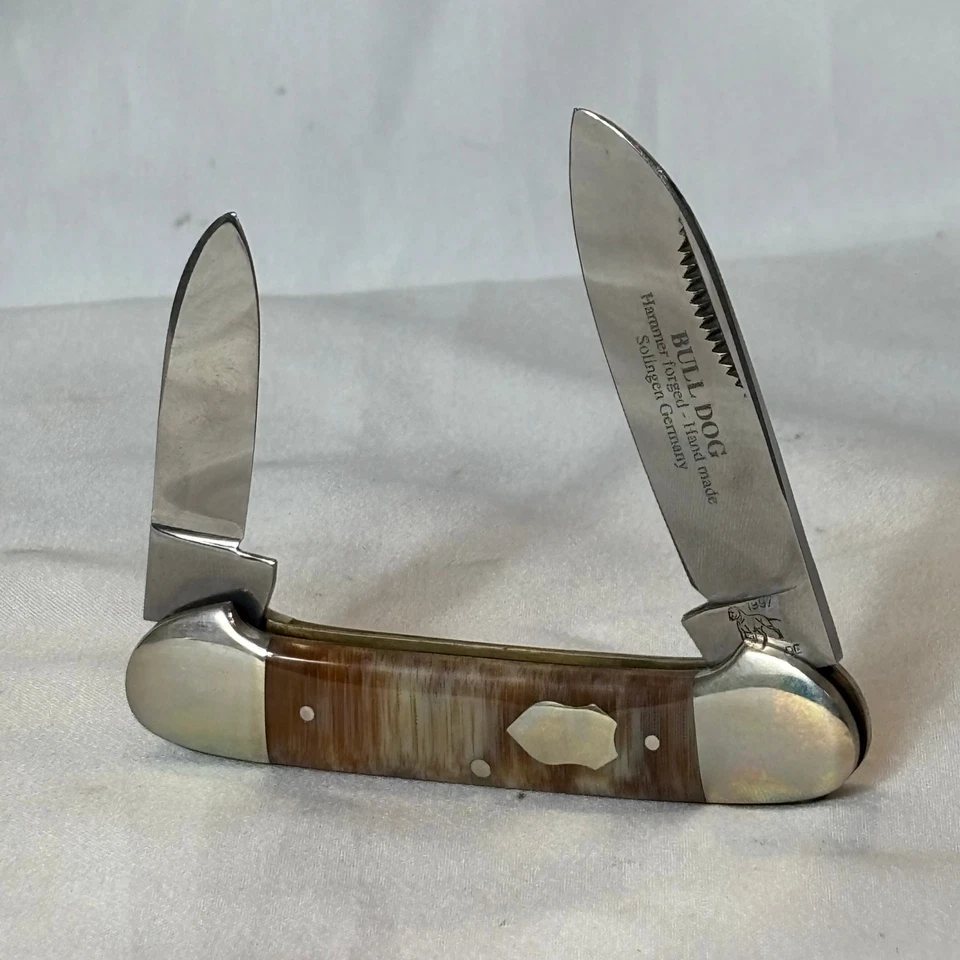 Cuchillo Pitbull marca Bulldog 1997 canoa doble hoja plegable hecho a mano Alemania Foto 4 de 4