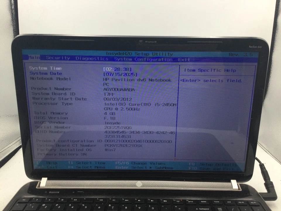 HP PAVILION DV6 6C14NR - BOOTS TO BIOS - INTEL I5 2450M - NO RAM - READ DESC- BB - Image 2 of 4