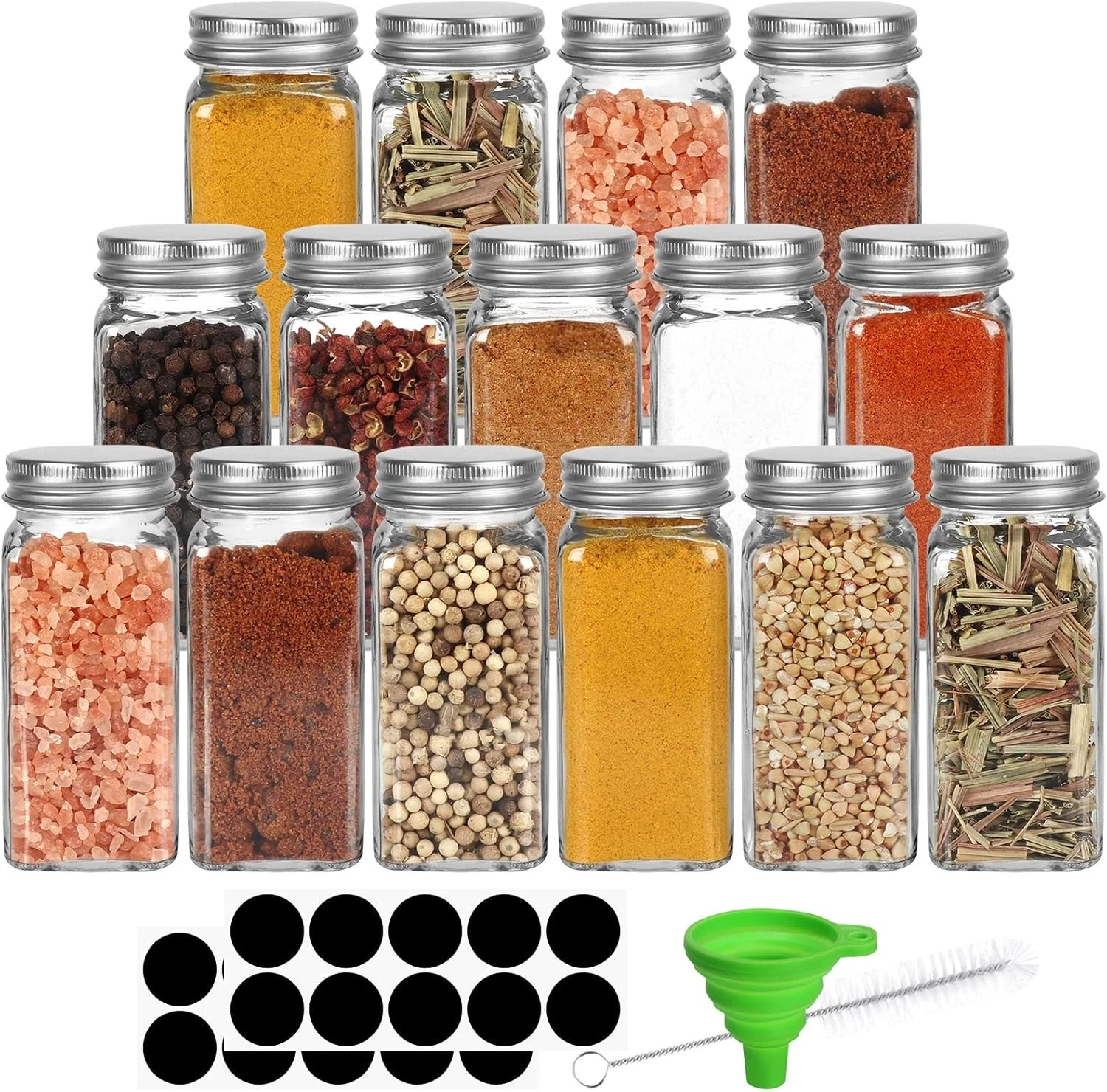 Yishik 15 Pack 120ml Glass Spice Jars with Silver Caps, Shaker Lids & Labels