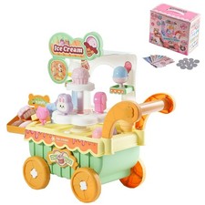 Kids Ice Cream Cart with 27 Accessories, Pretend Play Trolley with Sound Light