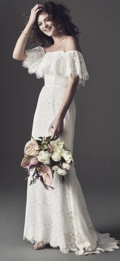 Vestido de novia David's con funda de encaje al hombro marfil talla 14 WG3892 Foto 4 de 4