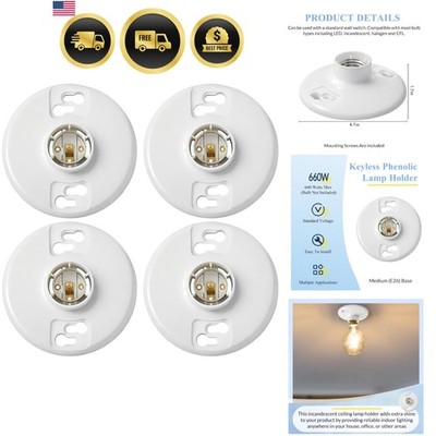 4 Pcs E26 Medium Base Ceiling Lamp Holder Keyless Light Sockets White Bulb So...