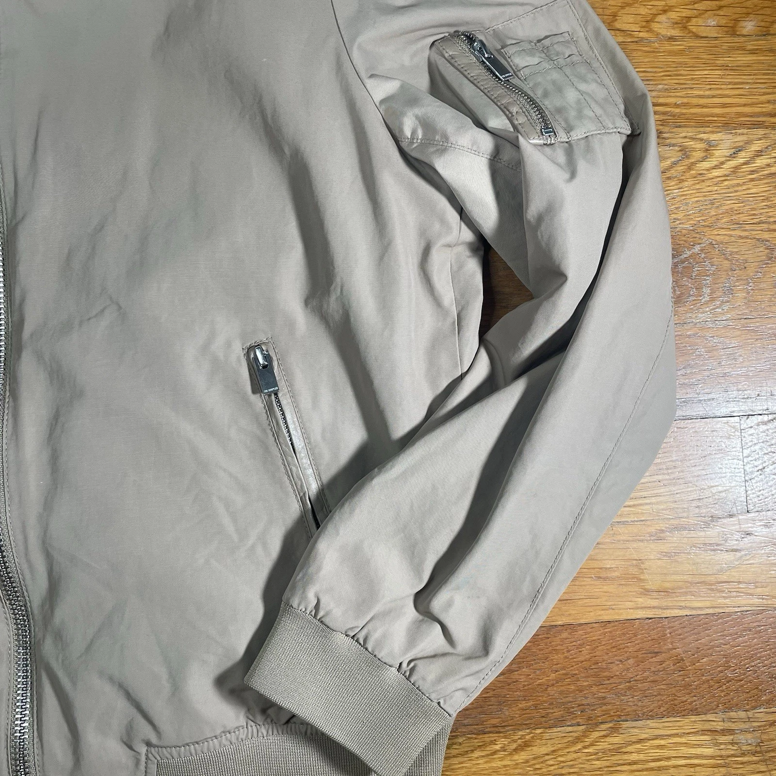 The Kooples Men's Bomber Jacket Size Large Tan Midweight W/ Leather Trim Aviator image 5