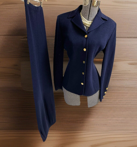 NEW St. John Collection Marie Gray 10 Two Piece Set Pant Suit Navy Blue Pockets