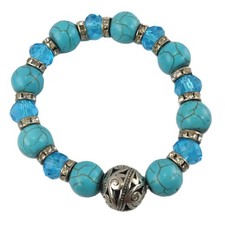 Silver Tone Clear Rhinestone Turquoise Colored Beads Beaded Stretch Bracelet