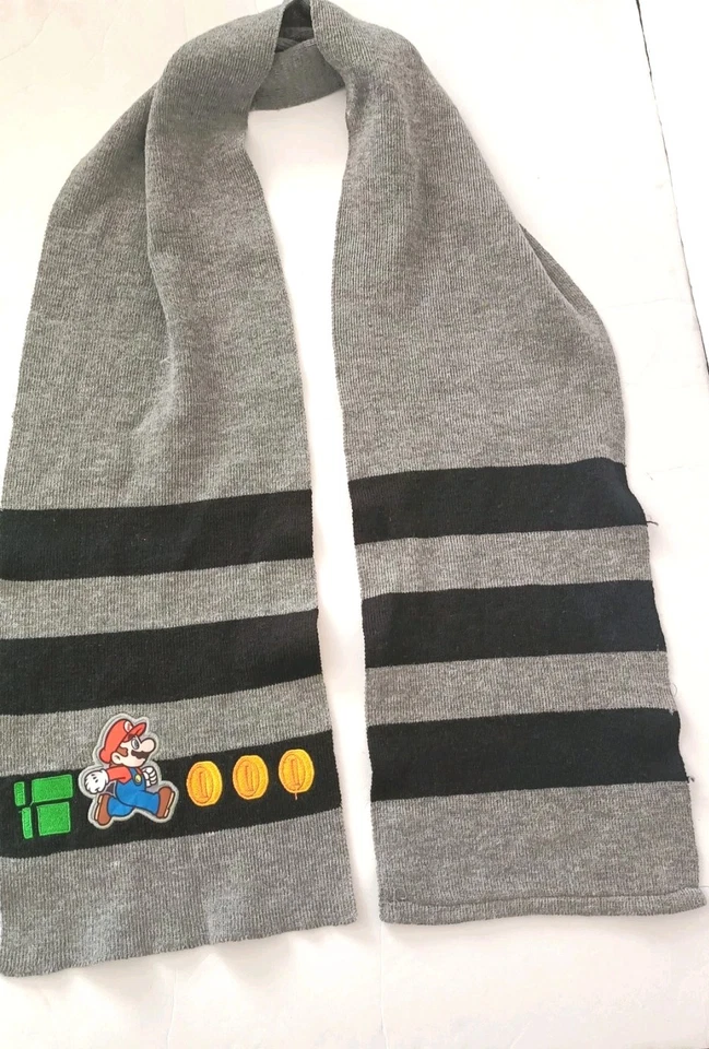 Bufanda de Invierno Super Mario Negra Gris Rayas Bordada 59" Juvenil Jugador Regalo Foto 2 de 4