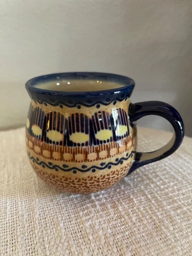 VTG Polish Pottery unikat Bolesławiec Coffee Mug Cup candy corn 16oz Bubble