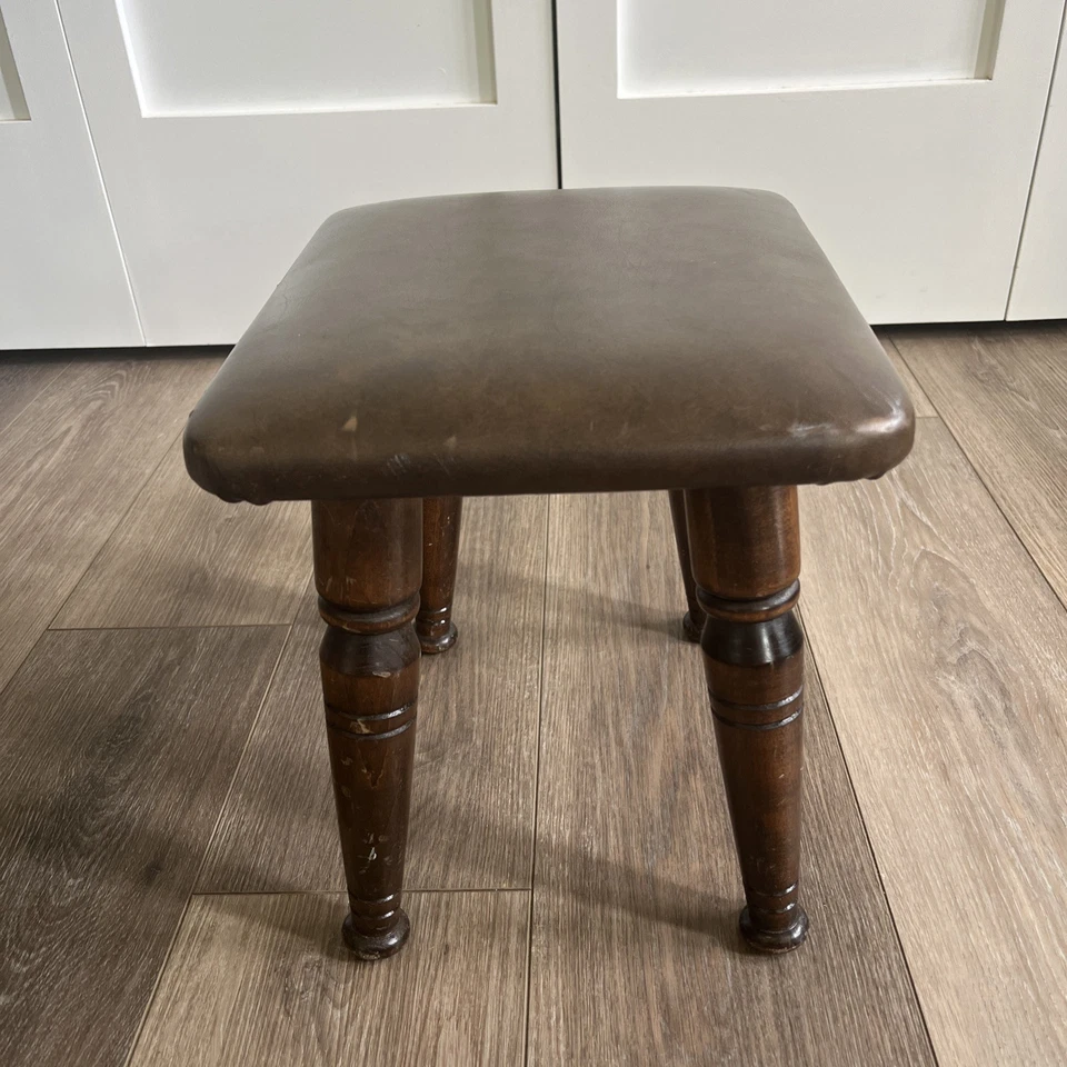 Vintage MCM FAUX LEATHER FOOTSTOOL Brown Ottoman Rectangle Hassock 11.5”H x 12”W - image 3 of 4