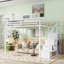 Queen Size Metal High Loft Bed w/Storage Shelves,Storage Stairs & Wardrobe,White