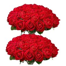 Bulk Artificial Flowers PCS, Fake Velvet Silk Roses with Long Stems 50 Red