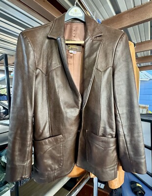 Vintage Leather Jacket Men's DAVID JAMES 42 R Large Brown Western Lined  Pockets