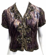 Topshop Kate Moss Jacket Vtg Silk Sequin Beads Purple Feather Print Bolero 8 36