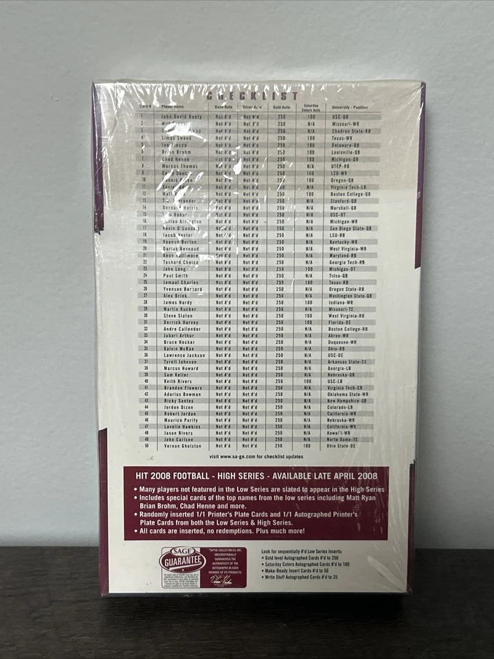 2008 SAGE HIT Football Hobby Box 6 Autographs Per Box Avg Low Series - Image 2 of 2