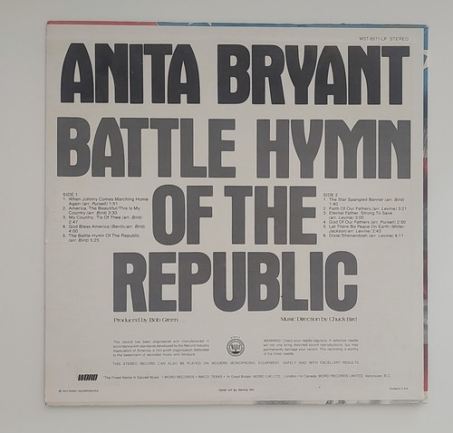 Anita Bryant Battle Hymn of the Republic Vinyl LP Americana Patriotic Gospel EX - Picture 2 of 4
