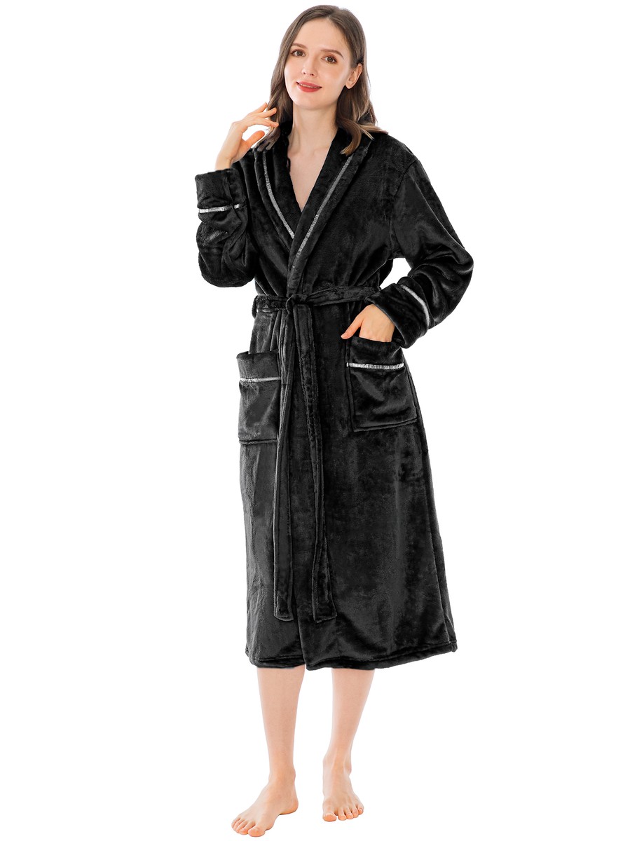 Pavilia Premium Women Fleece Robe with Satin Trim | Luxurious Super Soft Plush Bathrobe, Women's, Size: Large-XL, Black