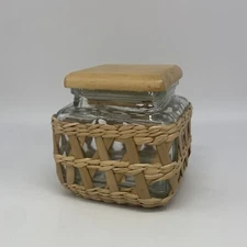 Clear Heavy Glass w Seagrass Wicker Boho Retro Square Storage Jar w/ Lid