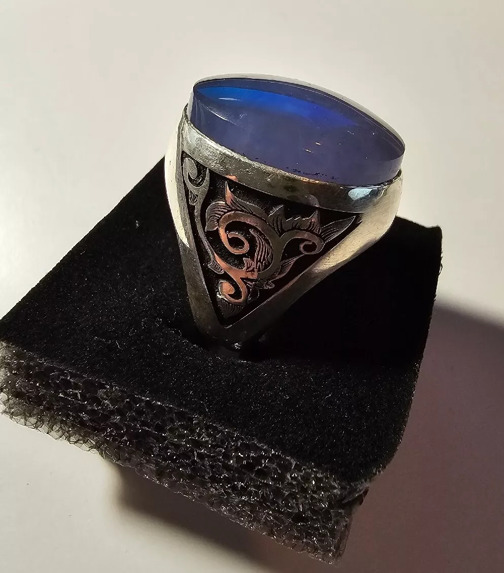 Lily Blue Opal Hand Etched 925 Sterling Silver Mens Ring Size 11