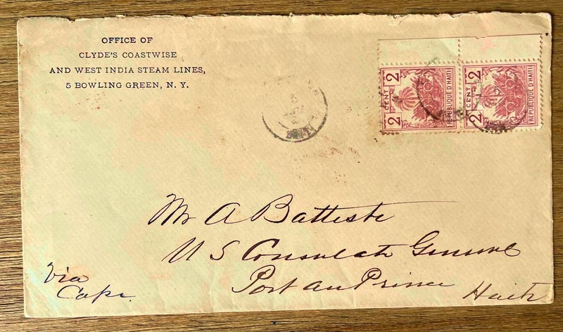 HAITI   pair 2c Palm Tree on Battiste cover to Port-Au-Prince     C7118