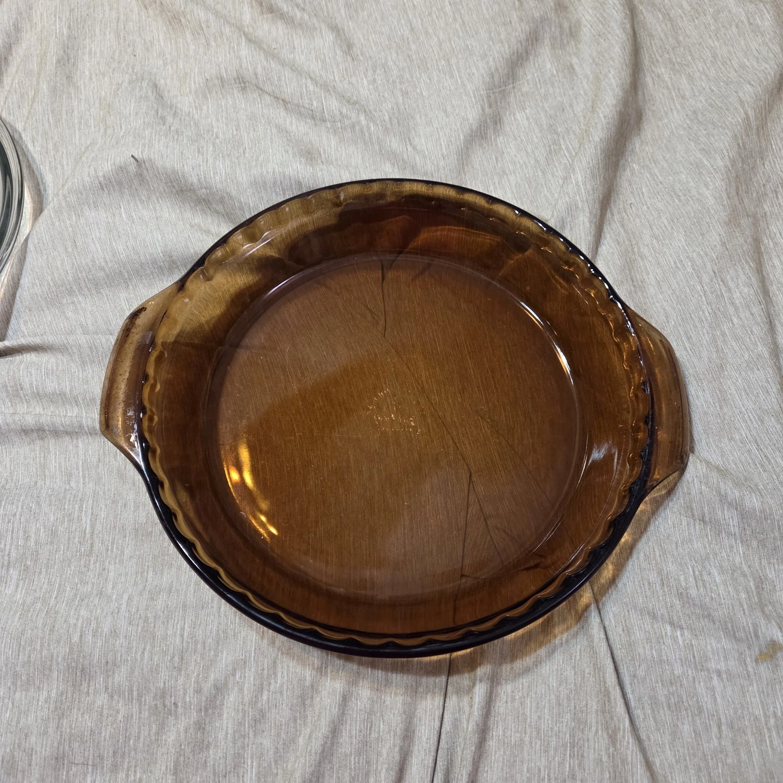 Vintage Anchor Hocking Brown Glass 10 in Round Pie Dish Plate w/ Handles